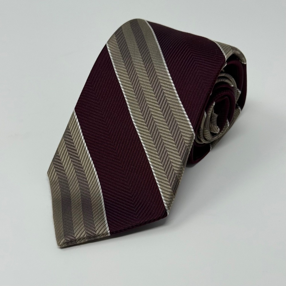 Jos A Bank Necktie Signature Collection Burgundy Tan Striped 100% Silk Men's